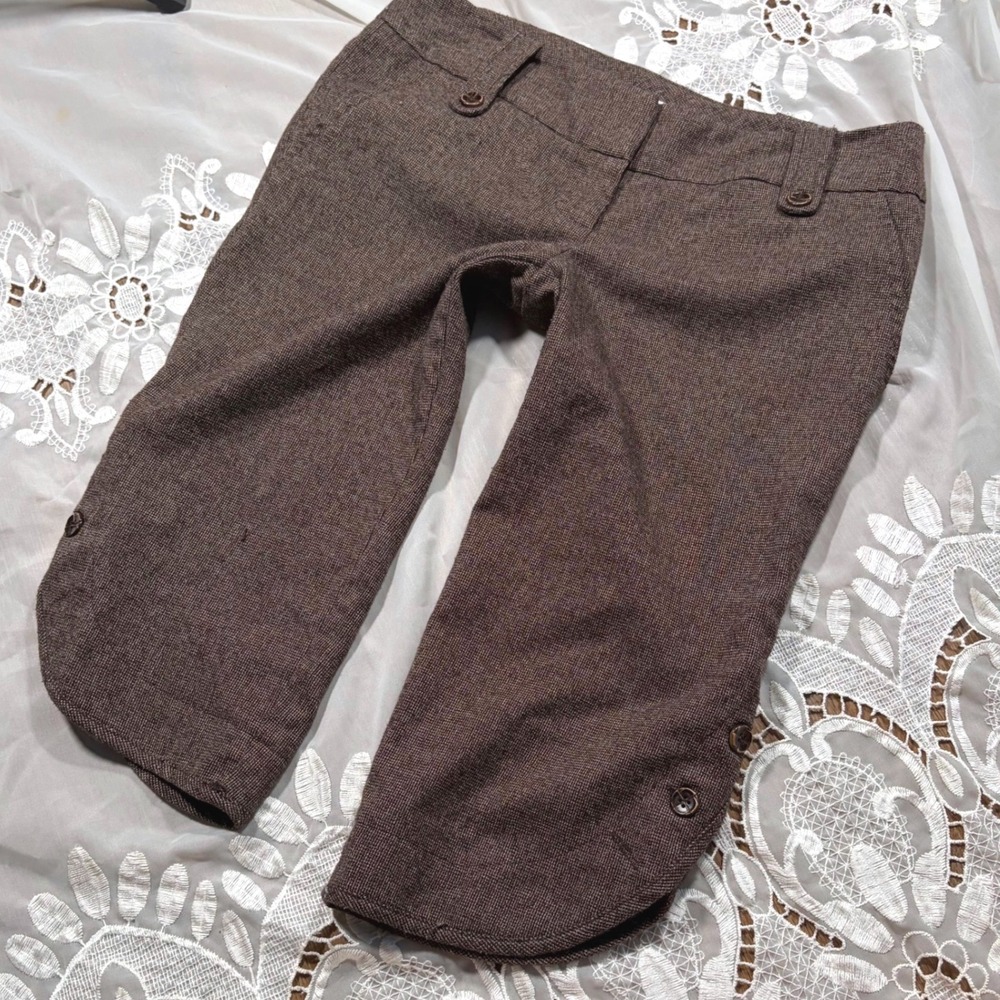 Y2K Knickerbocker Brown Tweed Capri Pants Button Hem Cropped Trousers Size 3